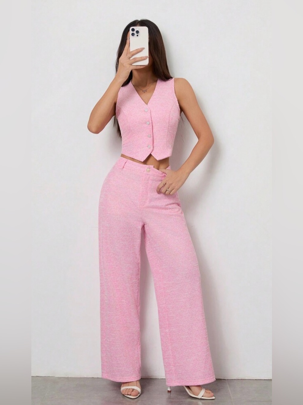 Shein Pink Suit Vest Top Straight Through Trousers, Elegant Suit
